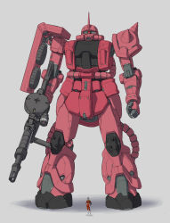 Rule 34 | 1boy, absurdres, arms at sides, belt, boots, cape, char aznable, clenched hand, commentary request, drum magazine, full body, gloves, grey background, gun, gundam, hand on own hip, helmet, highres, holding, holding gun, holding weapon, horns, jacket, magazine (weapon), mask, mecha, military uniform, mobile suit, mobile suit gundam, nori (arara105), one-eyed, pants, red eyes, red jacket, red pants, robot, science fiction, shadow, shoulder spikes, simple background, single horn, size difference, spikes, standing, uniform, weapon, white belt, white footwear, white gloves, zaku ii s char custom, zeon