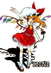 Rule 34 | 1girl, bad id, bad pixiv id, blouse, character name, collared shirt, embodiment of scarlet devil, female focus, flandre scarlet, full body, hair between eyes, hat, laevatein, mitsubachi koucha, mob cap, shadow, shirt, socks, solo, tagme, touhou, v, white hat, white shirt, white socks