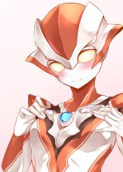 Rule 34 | 1girl, alien, animification, blush, breast suppress, breasts, highres, korei, looking down, pink background, science fiction, small breasts, smile, solo, tokusatsu, ultra series, ultraman r/b, ultrawoman grigio, upper body, yellow eyes