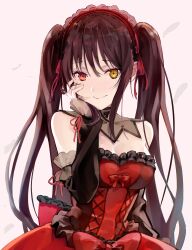 Rule 34 | 1girl, absurdres, breasts, clock eyes, date a live, date a live: date a bullet, dated, feathers, gothic lolita, hairband, highres, lolita fashion, lolita hairband, looking at viewer, medium breasts, red eyes, roman numeral, signature, solo, symbol-shaped pupils, tokisaki kurumi, twintails, uneven twintails, upper body, yellow eyes, yuu naay