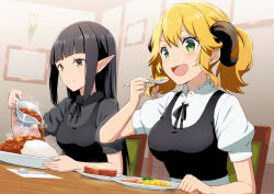 Rule 34 | 2girls, :d, aletta, black hair, black shirt, blonde hair, blouse, blunt bangs, breasts, closed mouth, curry, curry rice, dress, dutch angle, eating, food, gotyou, gravy boat, green eyes, hand up, holding, holding spoon, horns, indoors, isekai shokudou, kuro (isekai shokudou), living room, long hair, medium breasts, multiple girls, open mouth, pinafore dress, pointy ears, ponytail, pouring, puffy short sleeves, puffy sleeves, rice, shirt, short sleeves, sidelocks, sleeveless dress, smile, spoon, straight hair, twintails, wavy hair, white shirt