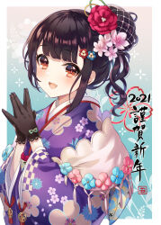Rule 34 | 1girl, 2021, black gloves, black hair, brown hair, chinese zodiac, commentary, english commentary, floral print, flower, furisode, gloves, hair bun, hair flower, hair ornament, happy new year, highres, iku2727, japanese clothes, kimono, long sleeves, looking at viewer, new year, open mouth, original, own hands together, pink kimono, print kimono, shawl, short hair, smile, solo, translated, upper body, wide sleeves, year of the ox