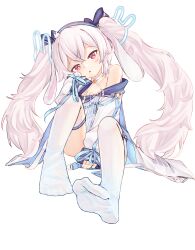 Rule 34 | 1girl, animal ears, azur lane, blue hairband, blue ribbon, chaosexceed, crossed bangs, dress, fake animal ears, hair ornament, hair ribbon, hairband, highres, laffey (azur lane), laffey ii (azur lane), long hair, long sleeves, looking at viewer, parted lips, rabbit ears, rabbit hair ornament, red eyes, ribbon, simple background, sitting, sleeves past wrists, soles, solo, thighhighs, very long hair, white background, white dress, white hair, white thighhighs