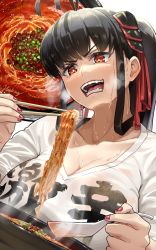 Rule 34 | 1girl, black hair, blush, bowl, breasts, breath, chopsticks, cleavage, eating, fingernails, food, grin, hawe king, highres, holding, holding chopsticks, holding spoon, large breasts, nail polish, noodles, open mouth, original, ponytail, ramen, red eyes, red nails, shirt, smile, spoon, steam, sweat, t-shirt, teeth, white shirt