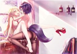 Rule 34 | 2girls, after kiss, arm support, black hair, black legwear, blonde hair, blue eyes, blush, breasts, collar, cum, cum in container, cum in pussy, cumdrip, dk.senie, eye contact, feet, feet together, futa with female, futanari, hair ornament, hairclip, has bad revision, has downscaled revision, heart, heart-shaped pupils, high heels, highres, implied futanari, large breasts, leg up, long hair, looking at another, md5 mismatch, multiple girls, nipples, open mouth, original, pantyhose, platform clogs, platform footwear, platform heels, red eyes, resolution mismatch, saliva, saliva trail, sandals, shoes, short hair, single shoe, sink, sitting, source smaller, symbol-shaped pupils, tail, tears, thighband pantyhose, toeless footwear, toes, tongue, tongue out, trash bag, white legwear, window