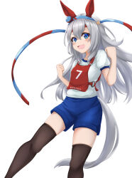 Rule 34 | 1girl, animal ears, black thighhighs, blue eyes, blue hairband, blue shorts, character name, clenched hands, commentary, ear covers, fang, grey hair, gym shirt, gym shorts, gym uniform, hairband, highres, horse ears, horse girl, kemuri (etep3372), long hair, looking at viewer, open mouth, race bib, shirt, short sleeves, shorts, simple background, smile, solo, standing, t-shirt, tamamo cross (umamusume), thighhighs, translated, umamusume, white background, white shirt