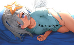 Rule 34 | 1girl, amane kanata, angel wings, bed, blush, bottomless, colored inner hair, commentary request, covering privates, covering crotch, hair between eyes, hair ornament, hololive, looking at viewer, lying, multicolored hair, murata taichi, on side, pillow, purple eyes, shirt, short hair, solo, t-shirt, tears, virtual youtuber, white background, wings