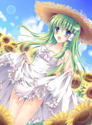 Rule 34 | 1girl, absurdres, alternate costume, bad id, bad pixiv id, bare shoulders, blue eyes, blush, clothes lift, cloud, collarbone, day, dress, dress lift, female focus, field, flower, flower field, frog hair ornament, green hair, hair ornament, hat, highres, kochiya sanae, lens flare, long hair, looking at viewer, ringonotane, skirt hold, smile, snake, solo, straw hat, sundress, sunflower, sunflower field, touhou, white dress
