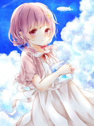 Rule 34 | 1girl, alternate hair length, alternate hairstyle, blue ribbon, book, cloud, cloudy sky, crescent, crescent hair ornament, day, dress, hair between eyes, hair ornament, hair ribbon, holding, holding book, long hair, looking at viewer, misa (kaeruhitode), outdoors, patchouli knowledge, purple dress, purple eyes, purple hair, red ribbon, ribbon, sky, solo, touhou, aged down