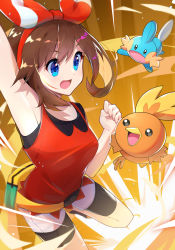 Rule 34 | 1girl, :d, armpits, bad id, bad pixiv id, bike shorts, blue eyes, blush, bow hairband, breasts, brown hair, clenched hand, commentary request, creatures (company), eyelashes, fanny pack, fingernails, game freak, gen 3 pokemon, hairband, highres, light blush, may (pokemon), mudkip, nintendo, open mouth, pantyhose, pantyhose under shorts, pokemon, pokemon (creature), pokemon oras, red hairband, shorts, smile, takom, tongue, torchic, white shorts