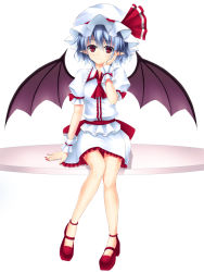 Rule 34 | 1girl, ascot, bat wings, blouse, blue hair, bow, collared shirt, dress, facing viewer, frilled dress, frilled shirt, frilled skirt, frills, full body, hand on own cheek, hand on own face, hat, hat bow, junior27016, knees together feet apart, large bow, looking at viewer, mary janes, mob cap, no socks, pointy ears, puffy sleeves, red eyes, remilia scarlet, ribbon, shirt, shoes, short sleeves, simple background, sitting, sitting on object, skirt, skirt set, smile, solo, touhou, white background, white dress, white shirt, white skirt, wings, wrist cuffs