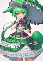 Rule 34 | 1girl, alternate costume, blush, bow, dress, dress bow, feet out of frame, frilled bow, frilled dress, frilled hairband, frilled sleeves, frills, green bow, green dress, green hair, gunjou row, hair between eyes, hairband, hand up, headdress, highres, holding, holding umbrella, open mouth, pea pod, short hair, short sleeves, simple background, solo, umbrella, voicevox, white background, wrist cuffs, yellow eyes, zundamon