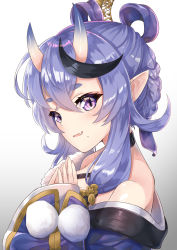 Rule 34 | 1girl, bare shoulders, blue hair, blush, braid, collarbone, commentary request, dress, fang, gradient background, grey background, hair between eyes, hair rings, hands up, head tilt, highres, horns, long hair, looking at viewer, mole, mole under mouth, multicolored hair, nijisanji, off-shoulder dress, off shoulder, oni, parted lips, pointy ears, purple dress, purple eyes, rindou mikoto, short eyebrows, skin-covered horns, sleeves past wrists, smile, solo, steepled fingers, streaked hair, synn032, thick eyebrows, upper body, virtual youtuber, white background, wide sleeves