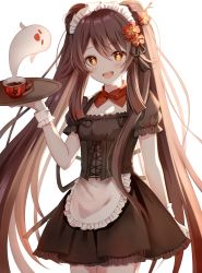Rule 34 | 1girl, black dress, blush, breasts, brown hair, dress, genshin impact, ghost, highres, hu tao (genshin impact), long hair, looking at viewer, nasii, noise, open mouth, puffy short sleeves, puffy sleeves, red eyes, short sleeves, small breasts, smile, symbol-shaped pupils, thighs, tray, twintails, very long hair