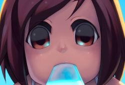 Rule 34 | 1girl, alkemanubis, brown hair, child, close-up, female focus, food, looking at viewer, popsicle, short hair, solo