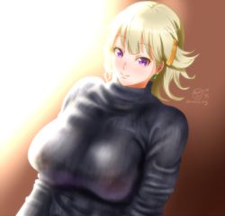 Rule 34 | 1girl, bad id, bad pixiv id, blonde hair, breasts, earrings, highres, jewelry, k.ty (amejin), large breasts, looking at viewer, original, purple eyes, ribbed sweater, short hair, signature, smile, solo, sweater, turtleneck