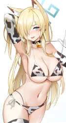 Rule 34 | 1girl, absurdres, alternate costume, animal ear fluff, animal ears, animal print, arm behind head, arm up, armpits, bare shoulders, bell, bikini, black choker, blonde hair, blue archive, blue eyes, breasts, choker, cleavage, collarbone, cow print, cow print bikini, cowbell, cowboy shot, earrings, elbow gloves, extra ears, glint, gloves, gonggo, hair over one eye, halo, halterneck, hand up, highres, jewelry, kanna (blue archive), large breasts, multi-strapped bikini, navel, neck bell, open mouth, print bikini, print gloves, print thighhighs, pulled by self, revision, saliva, saliva trail, sharp teeth, side-tie bikini bottom, simple background, single thighhigh, solo, stomach, strap pull, string bikini, sweat, swimsuit, teeth, thighhighs, tongue, tongue out, white background, white bikini, white gloves