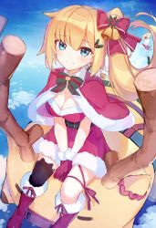 Rule 34 | 1girl, absurdres, akai haato, animal ear legwear, antlers, bell, belt, belt buckle, between legs, black belt, blonde hair, blue eyes, blue sky, blush, boots, bow, breasts, buckle, capelet, cat ear legwear, christmas, cleavage, closed mouth, cloud, commentary request, day, dress, earrings, flying, fur-trimmed boots, fur-trimmed capelet, fur-trimmed dress, fur-trimmed gloves, fur trim, gloves, haaton (akai haato), hair bell, hair between eyes, hair bow, hair ornament, hand between legs, heart, heart earrings, highres, hololive, horns, jewelry, jingle bell, knee boots, long hair, medium breasts, outdoors, red bow, red capelet, red dress, red gloves, reindeer antlers, santa costume, side ponytail, single thighhigh, sky, smile, solo, striped, striped bow, t6 ti, thighhighs, very long hair, virtual youtuber