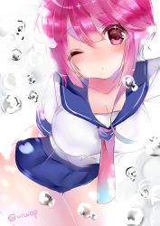 Rule 34 | 1girl, blush, breasts, bubble, cleavage, closed mouth, i-58 (kancolle), kantai collection, large breasts, long hair, looking at viewer, one-hour drawing challenge, one eye closed, pink eyes, pink hair, school swimsuit, school uniform, simple background, solo, swimsuit, swimsuit under clothes, twitter username, underwater, viwop, white background