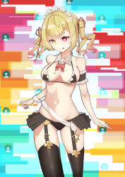 Rule 34 | 1girl, :p, absurdres, arm garter, belt, bikini, bikini skirt, black bikini, black skirt, black thighhighs, blonde hair, bow, bowtie, breasts, bright pupils, collar, cowboy shot, detached collar, garter straps, gradient hair, hair ornament, heterochromia, highres, hoshikawa sara, large breasts, long hair, looking at viewer, maid, maid bikini, micro bikini, multicolored hair, navel, nijisanji, nonoro (potato461), pleated skirt, red bow, red bowtie, red eyes, showgirl skirt, skirt, solo, star (symbol), stomach, super chat, swimsuit, thighhighs, tongue, tongue out, twintails, unconventional maid, virtual youtuber, white belt, white collar, white pupils, wrist cuffs, x hair ornament, yellow eyes