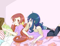 Rule 34 | 10s, 2girls, bare shoulders, bed, blanket, blue eyes, blue hair, casual, chabame, hanasaki tsubomi, heartcatch precure!, kurumi erika, long hair, lying, lying on person, multiple girls, on stomach, precure, reading, red eyes, red hair