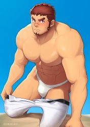 Rule 34 | 1boy, abs, absurdres, akashi (live a hero), bara, blush, briefs, bulge, clothes pull, facial hair, feet out of frame, goatee, highres, large pectorals, live a hero, long sideburns, looking at viewer, male focus, male underwear, mikicat, muscular, muscular male, navel, nipples, pants, pants pull, pectorals, pulling own clothes, red eyes, red hair, scar, scar on face, scar on nose, short hair, sideburns, solo, stomach, thick eyebrows, thick thighs, thighs, underwear, undressing, white male underwear, white pants