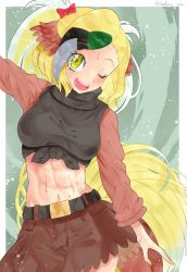 Rule 34 | 1girl, ;d, abs, absurdres, arm up, asymmetrical hair, belt, bird tail, black hair, blonde hair, bow, breasts, dancing, eyelashes, fingernails, greater bird-of-paradise (kemono friends), green hair, grey hair, hair bow, head tilt, highres, kedama (ughugjydthjdf), kemono friends, long sleeves, looking at viewer, medium hair, microskirt, midriff, multicolored hair, nail polish, navel, one eye closed, open mouth, shirt, skirt, smile, solo, stomach, sweat, tail, taut clothes, taut shirt, tied shirt, toned, twitter username, white hair, yellow eyes, yellow nails