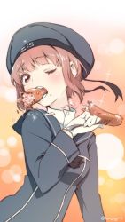 Rule 34 | 10s, 1girl, beret, blush, brown eyes, brown hair, clothes writing, eating, fork, gloves, hat, kantai collection, looking at viewer, mouth hold, nonco, one eye closed, sailor collar, sailor hat, sausage, sexually suggestive, short hair, solo, wink, z3 max schultz (kancolle)