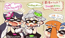 Rule 34 | &gt; &lt;, + +, 1boy, 3girls, = =, bare shoulders, black dress, black hair, blue hair, blush, blush stickers, callie (splatoon), closed eyes, commentary request, cousins, dated, detached collar, dress, earrings, eyebrows, fangs, food, food on head, gloves, hat, inkling, inkling boy, inkling girl, inkling player character, jewelry, long hair, marie (splatoon), multiple girls, nintendo, object on head, open mouth, orange hair, pointing, pointy ears, same anko, short hair, silver hair, splatoon (series), splatoon 1, strapless, sweatdrop, symbol-shaped pupils, tentacle hair, tentacles, thick eyebrows, translation request, twitter username, white gloves, yellow eyes