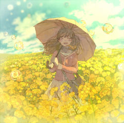 Rule 34 | 1girl, :d, ^ ^, bad id, bad pixiv id, bag, blurry, blush, brown hair, bubble, closed eyes, cloud, depth of field, closed eyes, field, flower, flower field, happy, holding, open mouth, original, parasol, pon (cielo), shade, skirt, sky, smile, solo, teeth, umbrella, water drop, wind, winter cress, yellow theme