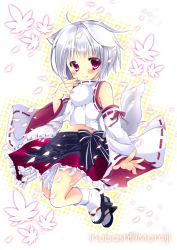 Rule 34 | 1girl, animal ears, bare shoulders, blush, character name, detached sleeves, female focus, hikanyan, inubashiri momiji, leaf, looking at viewer, md5 mismatch, navel, petals, resolution mismatch, silver hair, skirt, smile, solo, source larger, tail, touhou, wolf ears, wolf tail