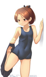 Rule 34 | 1girl, against wall, barefoot, black skirt, blue one-piece swimsuit, breasts, brown eyes, brown hair, collarbone, cowboy shot, dated, kantai collection, old school swimsuit, one-hour drawing challenge, one-piece swimsuit, ray.s, school swimsuit, shikinami (kancolle), shikinami kai ni (kancolle), short hair, short ponytail, simple background, skirt, unworn skirt, small breasts, solo, standing, standing on one leg, swimsuit, twitter username, undressing, white background