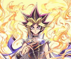 Rule 34 | 1boy, bare shoulders, black footwear, black hair, blonde hair, blue jacket, bright pupils, card, chain, fire, highres, holding, holding card, jacket, jacket on shoulders, looking at viewer, purple eyes, purple hair, shiroi 1108, shirt, sleeveless, sleeveless shirt, solo, spiked hair, trading card, upper body, white pupils, yami yugi, yu-gi-oh!, yu-gi-oh! duel monsters