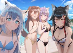 Rule 34 | 4girls, :3, :o, ^ ^, a.l (dpdldpf), ahoge, animal ear fluff, animal ears, beach, bikini, black bikini, black choker, black hair, blue bikini, blue eyes, blue sky, blush, breasts, brown hair, cat ears, cat girl, cat tail, choker, cleavage, closed eyes, closed mouth, cloud, collarbone, day, dog ears, dog girl, dog tail, floppy ears, fox ears, fox girl, fox shadow puppet, grey hair, hair between eyes, highres, hololive, hololive gamers, inugami korone, large breasts, leaf print, leaning forward, long hair, looking at viewer, maple leaf print, medium breasts, multicolored hair, multiple girls, navel, nekomata okayu, ookami mio, ookami mio (hololive summer 2019), open mouth, outdoors, parted lips, purple eyes, purple hair, red hair, shirakami fubuki, shirakami fubuki (hololive summer 2019), short hair, side-tie bikini bottom, skindentation, sky, smile, stomach, streaked hair, sunlight, swimsuit, tail, v-shaped eyebrows, virtual youtuber, white bikini, wolf ears, wolf girl, yellow eyes