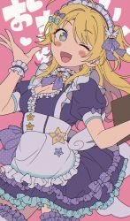 Rule 34 | ahoge, alternate costume, apron, text background, blonde hair, blue eyes, blush stickers, bow, breasts, choker, cleavage, cleavage cutout, clothing cutout, commentary request, dress, enmaided, frilled apron, frilled choker, frilled dress, frilled skirt, frilled thighhighs, frills, hachimiya meguru, hair bow, hand up, highres, idolmaster, idolmaster shiny colors, long hair, looking at viewer, maid, maid headdress, medium breasts, niyororinpayamaru, one eye closed, open mouth, pink background, polka dot, polka dot bow, puffy short sleeves, puffy sleeves, purple dress, short sleeves, skirt, smile, solo, star-shaped pupils, star (symbol), star ornament, symbol-shaped pupils, thighhighs, thighs, waist apron, white thighhighs, wing hair ornament, wrist cuffs
