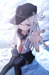 Rule 34 | 1girl, absurdres, black hat, blue eyes, dfd, hat, hibiki (kancolle), highres, kantai collection, long hair, long sleeves, looking at viewer, one eye closed, sailor collar, sitting, solo, white hair