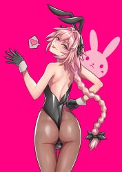 Rule 34 | 1boy, absurdres, alternate costume, animal ears, ass, astolfo (fate), backless outfit, bare back, blush, braid, braided ponytail, bulge, crossdressing, fake animal ears, fate/grand order, fate (series), from behind, gloves, hair ornament, heart, hej (pixiv13035031), highres, leotard, long hair, looking back, male focus, male playboy bunny, pantyhose, pink background, pink hair, playboy bunny, purple eyes, rabbit ears, rabbit hair ornament, rabbit tail, simple background, solo, tail, tongue, tongue out, trap, underwear, undressing
