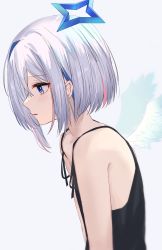 Rule 34 | 1girl, absurdres, amane kanata, angel, angel wings, bare shoulders, black shirt, blue hair, blush, flat chest, from side, grey hair, halo, highres, hololive, looking away, multicolored hair, parted lips, pink hair, profile, shirt, short hair, simple background, solo, star halo, streaked hair, tagosaku (tatsukiuma0329), upper body, virtual youtuber, wings