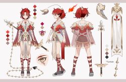 Rule 34 | 1girl, absurdres, amane uta, armor, blaise shinryu, cape, character sheet, clenched hand, collarbone, color guide, eien project, full body, grey hair, highres, holding, holding polearm, holding weapon, jewelry, kneepits, multicolored hair, multiple views, necklace, pelvic curtain, polearm, ponytail, red hair, red nails, sandals, scar, scar across eye, second-party source, see-through cape, shoulder armor, solo, spear, streaked hair, virtual youtuber, weapon, wing hair ornament, yellow eyes