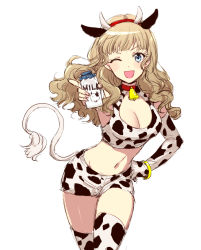 Rule 34 | 1girl, ;d, animal ears, animal print, bare shoulders, bell, blue eyes, blunt bangs, bottle, breasts, chinese zodiac, cleavage cutout, clothing cutout, collar, cow ears, cow horns, cow print, cow tail, cowboy shot, crop top, earrings, elbow gloves, fake animal ears, fake horns, fake tail, gloves, hair over shoulder, hairband, hand on own hip, holding, holding bottle, horns, jewelry, leaning forward, light brown hair, long hair, looking at viewer, medium breasts, mewkledreamy, midriff, milk bottle, nail polish, navel, neck bell, one eye closed, open mouth, pink nails, reaching, red collar, red hairband, sbs, short shorts, shorts, simple background, single glove, sketch, smile, solo, star (symbol), star in eye, stomach, symbol in eye, tail, tank top, thighhighs, tsukishima maira, wavy hair, white background, year of the ox, zettai ryouiki