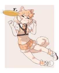 Rule 34 | 1girl, animal ears, blush, brown gloves, brown necktie, brown shorts, brown vest, closed eyes, collared shirt, commentary request, dog (shiba inu) (kemono friends), dog ears, dog girl, dog tail, elbow gloves, extra ears, frisbee, fur trim, gloves, harness, highres, jumping, kemono friends, light brown hair, midair, multicolored hair, necktie, shirt, shoes, short hair, short shorts, short sleeves, shorts, sneakers, socks, solo, sorairo meronpan, t-shirt, tail, two-tone gloves, two-tone hair, vest, white footwear, white fur, white gloves, white hair, white shirt, white socks