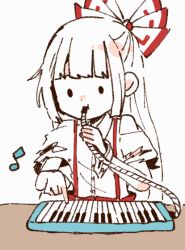 Rule 34 | 1girl, :t, animated, animated gif, beamed eighth notes, blunt bangs, bow, collared shirt, dot nose, eighth note, expressionless, fujiwara no mokou, hair bow, half updo, hands up, hime cut, holding, instrument, itomugi-kun, keyboard (instrument), long hair, looping animation, melodica, music, musical note, playing instrument, shirt, shirt tucked in, short sleeves, solid oval eyes, solo, suspenders, table, torn clothes, torn sleeves, touhou, upper body, very long hair, white background, white bow, white hair, white shirt, wing collar, wrist cuffs