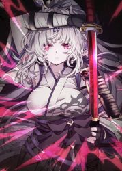 Rule 34 | 1girl, arm up, armor, azusa (granblue fantasy), bandaged arm, bandages, black gloves, breasts, draph, earrings, energy, fingerless gloves, frown, gloves, granblue fantasy, hair ornament, hairpin, hakama, highres, holding, holding sheath, holding sword, holding weapon, horns, japanese armor, japanese clothes, jewelry, kimono, large breasts, long hair, looking at viewer, pointy ears, ponytail, red eyes, sheath, shoulder armor, sidelocks, sode, solo, sword, unsheathing, vambraces, weapon, white hair, wide sleeves, yoake