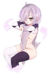 Rule 34 | 1girl, bandaged arm, bandaged leg, bandages, black thighhighs, blush stickers, breasts, cropped legs, green eyes, grey hair, hair over one eye, highres, invisible chair, itsukarine, looking at viewer, nipples, open mouth, original, pointy ears, scarf, simple background, single thighhigh, sitting, small breasts, solo, thighhighs, white background