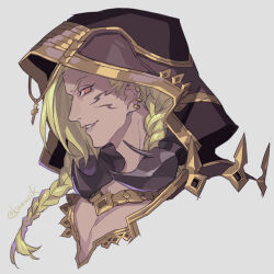 Rule 34 | 1boy, artist name, beelzebub (granblue fantasy), braid, cleavage cutout, clothing cutout, commentary request, cross, dark-skinned male, dark skin, earrings, evil smile, facial mark, floating hair, from side, furrowed brow, gold earrings, gold trim, granblue fantasy, hair between eyes, hood, hood up, jewelry, looking at viewer, male focus, multiple earrings, parted lips, pectoral cleavage, pectorals, portrait, pota (bluegutty), profile, purple lips, red eyes, shaded face, signature, smile, solo, twin braids, twitter username