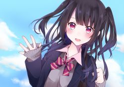 Rule 34 | 1girl, :d, bag, black hair, black jacket, blazer, blue sky, blunt bangs, blush, bow, bowtie, cloud, cloudy sky, collared shirt, commentary request, day, dutch angle, grey sweater, hands up, jacket, long hair, long sleeves, looking at viewer, nanase eka, open clothes, open jacket, open mouth, original, outdoors, pink bow, pink bowtie, red eyes, school uniform, shirt, shoulder bag, sidelocks, sky, sleeves past wrists, smile, solo, striped bow, striped bowtie, striped clothes, striped neckwear, sweater, teeth, two side up, upper body, upper teeth only, white shirt