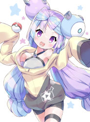 Rule 34 | amimi, bow-shaped hair, character hair ornament, creatures (company), game freak, grey pantyhose, hair ornament, hexagon print, highres, iono (pokemon), jacket, long hair, low-tied long hair, multicolored hair, nintendo, oversized clothes, pantyhose, pokemon, pokemon sv, sharp teeth, single leg pantyhose, sleeves past fingers, sleeves past wrists, split-color hair, symbol in eye, teeth, very long sleeves, x, yellow jacket