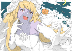 Rule 34 | 1girl, bare shoulders, blonde hair, breasts, bridal veil, brooklyn (kancolle), colored skin, crescent moon, dress, elbow gloves, flower, ghost, gloves, grey skin, halloween costume, jack-o&#039;-lantern, kantai collection, long hair, medium breasts, moon, ninimo nimo, official alternate costume, patchwork skin, pumpkin, red eyes, rose, solo, torn clothes, upper body, veil, wedding dress, white dress, white flower, white gloves, white rose, zombie