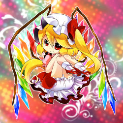 Rule 34 | 1girl, blonde hair, bloomers, chibi, fang, female focus, flandre scarlet, hat, knees to chest, knees to chest, hugging own legs, mary janes, munyumunyu, red eyes, shoes, side ponytail, solo, touhou, underwear, wings