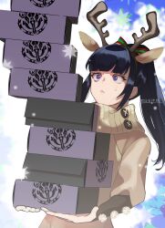 Rule 34 | 1girl, :&lt;, absurdres, animal ear hairband, animal ears, antlers, artist name, blue eyes, blue hair, blunt bangs, bow, box, box stack, brown sweater, buttons, christmas, closed mouth, commentary request, dark blue hair, deer ears, emblem, fake animal ears, fake antlers, green bow, hair bow, hairband, high ponytail, highres, holding, holding box, horns, long hair, long sleeves, masiro, mistletoe, mistletoe print, narberal gamma, overlord (maruyama), pom pom (clothes), ponytail, red bow, reindeer antlers, sidelocks, simple background, solo, star (symbol), sweatdrop, sweater, turtleneck, turtleneck sweater, two-tone bow, upper body, wide-eyed